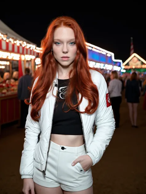 lesydx posing while wearing a white jacket, long [[red]] hair, in a fair at night, <lora:LeSydx:1>