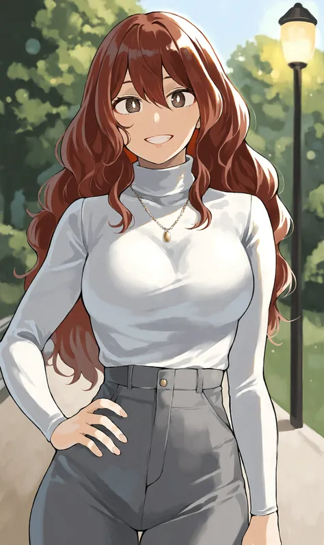 source_anime,score_9_up,score_9, score_8_up, score_7_up,
1girl, red hair, jewelry, long hair, looking at viewer, necklace, grin, solo, closed mouth, brown eyes,front facing,hand on hip,white pupils,wavy hair, bangs, hair between eyes, white turtleneck, lon...