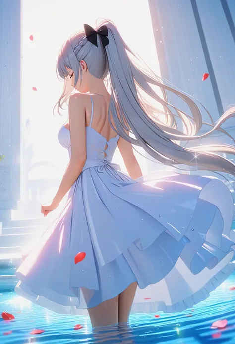 1girl,black_bow,bow,braid,closed_eyes,dress,facing_away,flower,french_braid,grey_hair,long_hair,petals,ponytail,sleeveless,solo,very_long_hair,water,white_background,white_dress,<lora:Anime Enhancer XL V2:1>,enhancer,masterpiece,raytracing,absurd,intricate...