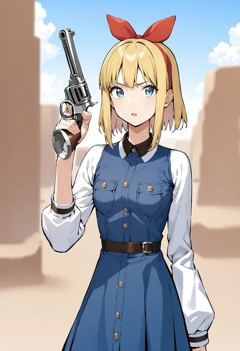 1girl, solo, upper body, (desert:1.2), sky, serious, open mouth, revolver, holding gun, hanh up, looking at viewer, 
phoebe_oakley, blue eyes, blonde hair, short hair, red hairband, red hair bow blue dress, long sleeves, white sleeves, <lora:phoebe_oakley_...