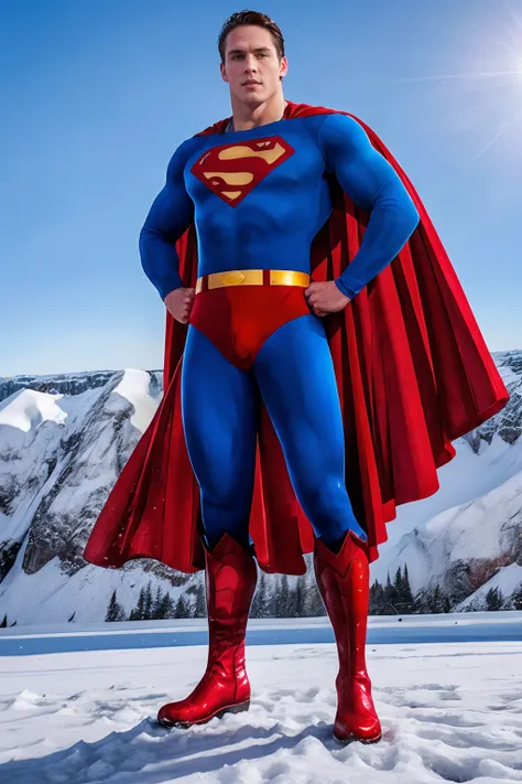 Supermans Fortress of Solitude, snow, confident, RyanRockford wearing blue classic superman suit, blue superhero suit, red cape, red boots, (metallic sheen), hands on hips, (((full body portrait))), wide angle   <lora:RyanRockford:0.8>  <lora:Superman Clas...