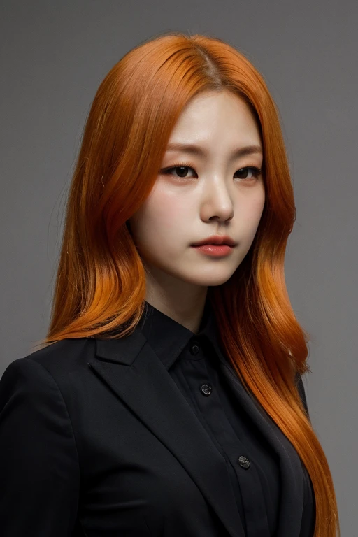 masterpiece, best quality, ultra-detailed, ultra high res, (photorealistic:1.4), raw photo, (realistic:0.2), 8k HDR, realistic lighting, 1girl, solo, looking at viewer, asymmetrical orange hair, (detailed oily skin), (detailed face), (simple gray backgroun...