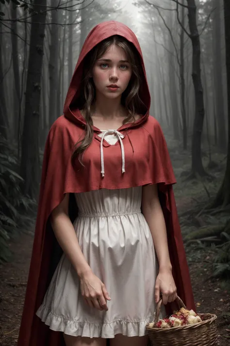 (Pictorialist style photography:1.2) of susanhmnwy, as (red riding hood), (wearing a red cloak, white frilled dress:1.4), (holding a basket), in a dark creepy forest, upper body framing, 
(detailed skin texture:0.8), (blush:0.5), (goosebumps:0.5), subsurfa...