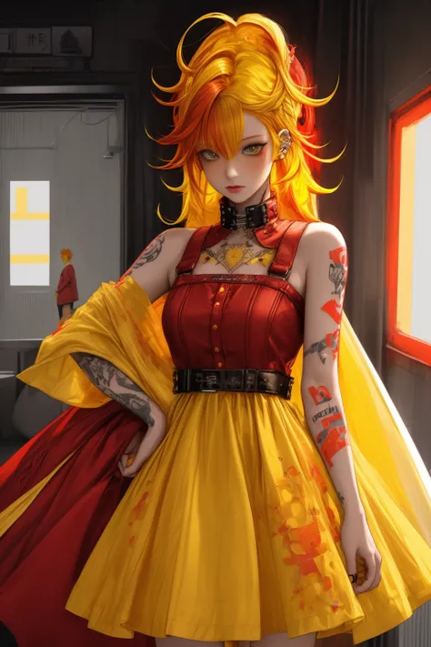 <lora:PillowWorld:1.0>  (PillowWorld:1.2) 1woman (red and yellow hair:1.6) (punk tattoo,  dress:1.3) walking in the (white light cyber city:1.2),  <lora:more_details:1>