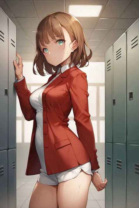 score_9, score_8_up, score_7_up, 1girl, looking at viewer, arm_up, :d, bronze hair, long bangs, turquoise eyes, medium breasts, red blazer, frontlighting, locker room, from side <lora:oyari_ashito_PonyXL_style_v01:1>