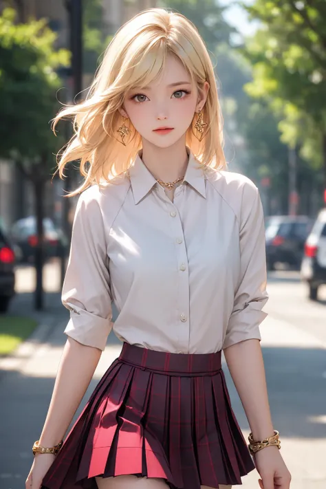 <lora:Again_Girl_A16:0.8>, 1girl, breasts, skirt, blurry, earrings, jewelry, blurry background, looking at viewer, shirt, solo, long hair, blonde hair, open clothes, pleated skirt, outdoors, cowboy shot,