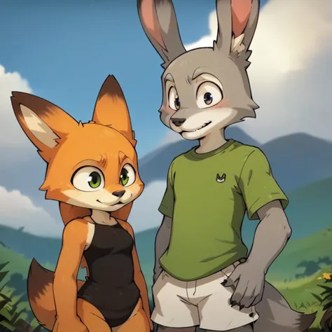 masterpiece,8k,16k,32k,absurd resolution,high resolution,anime style, anthropornorphic,(duo, side-by-side:1.2),judy hopps,trousers,furry,bunny,gray fur, 2 bunny ears, female,standing,green shirt,male, wilde,fox,orange fur,  detailed face,short pants, detai...