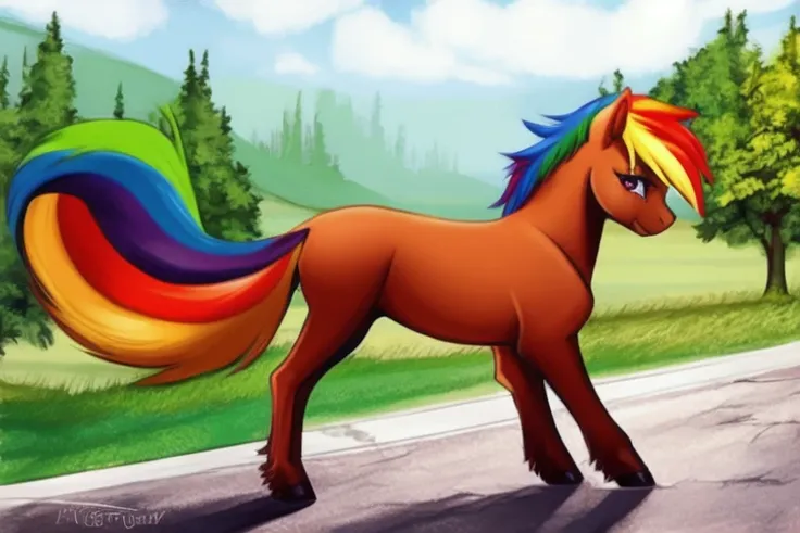 feral pony (((rainbow dash))) (masterpiece, best quality:1.1), ((fluffy tail)), (((perfect anatomy))), (((pony))),