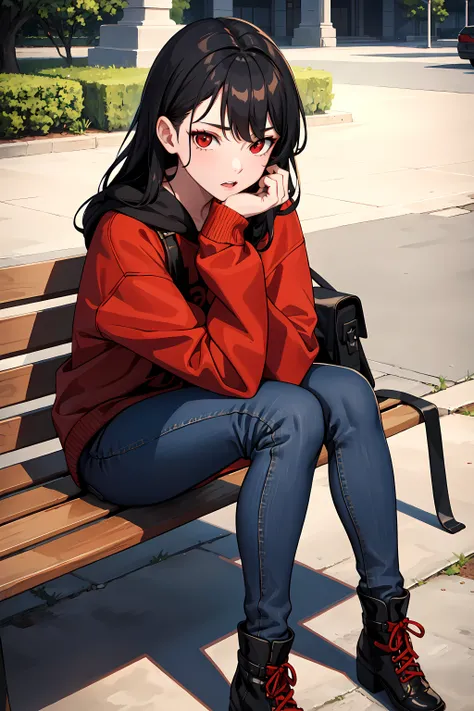 masterpiece, best quality, 1girl, solo, black hair, red hightlights, red eyes, park, sitting on bench, sweatshirt, jeans, boots