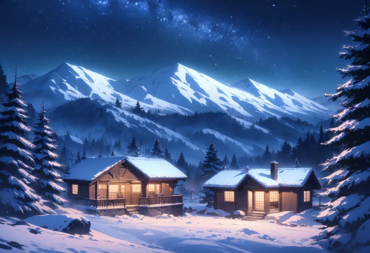 snow, scenery, outdoors, house, sky, mountain, star (sky), no humans, night, starry sky, tree, night sky, winter, nature, pine tree, building, forest, mountainous horizon, village, masterpiece, best quality, very aesthetic, absurdres,