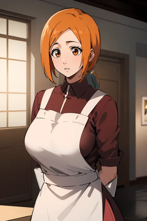 masterpiece,high quality,highres,1girl,solo,large breasts,<lora:orihime-v4-wasabiya:1>,orihime,orange hair,brown eyes,pink dress,white apron,low ponytail,motherly,mature female,arms behind back, shadow,