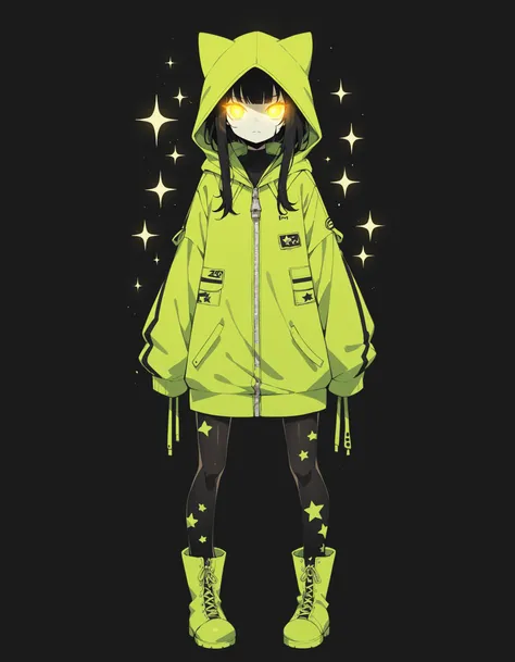 neondskdrmsxl, score_9_up, score_8_up, score_7_up, score_6_up, 1girl, solo, hood, full body, hood up, boots, glowing, standing, star , (symbol), shadowed face, zipper, black hair, looking at viewer, pantyhose, sleeves past wrists, black background, long sl...