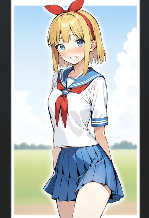 1girl, solo, cowboy shot, field, sky, smile, nose blush, looking at viewer, 
phoebe_oakley, blue eyes, blonde hair, short hair, red hairband, red hair bow, school uniform, serafuku, red neckerchief, white shirt, pleated skirt, blue skirt,  <lora:phoebe_oak...