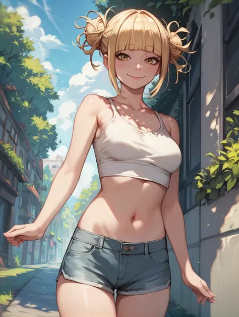 score_9, score_8_up, score_7_up, score_6_up,source_Anime, 1girl, h1m1k0t0g4, yellow eyes, blonde hair, short hair, blunt bangs, hair bun, messy hair, smile,  medium breast, croptop, shorts, looking at viewer, outdoors,   <lora:HimikoTogaByJuninholara21:0.8...