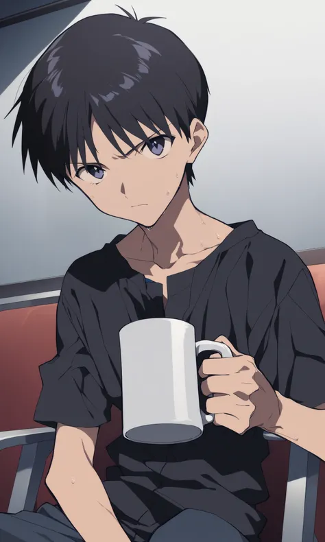 anime,1boy, male focus, ikari shinji, neon genesis evangelion, solo, holding mug, sitting, on chair, holding, serious face, looking at viewer, indoors, upper body, cinematic angle,, (masterpiece), (best quality), (ultra-detailed), very aesthetic, illustrat...