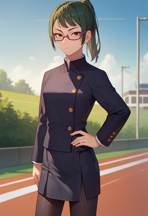 score_9, score_8_up, score_7_up, source_anime, solo, 1girl, makidef, expressionless, looking at viewer, hand on hip, ponytail, glasses, school uniform, black jacket, long sleeves, black skirt, black pantyhose, outdoors, racetrack <lora:jjk_makizenin_ponyXL...