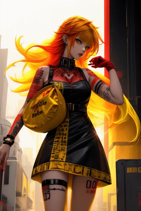 <lora:PillowWorld:1.0>  (PillowWorld:1.2) 1woman (red and yellow hair:1.6) (punk tattoo,  dress:1.3) walking in the (white light cyber city:1.2),  <lora:more_details:1>