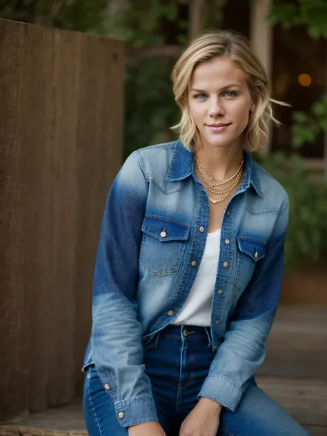 A beautiful br00klynd woman,1girl,solo,smile,short hair,blue eyes,blonde hair,shirt,jewelry,sitting,pants,necklace,denim,jeans,realistic,plaid shirt,soft lighting, professional Photography, Photorealistic, detailed, RAW, analog, sharp focus, 8k, HD, high q...