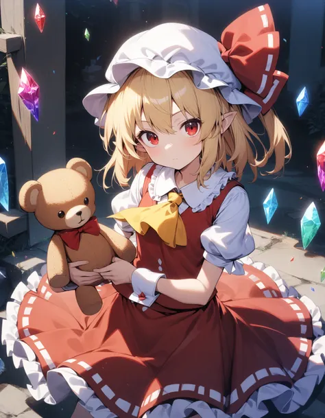 1girl, flandre scarlet, touhou, hat, mob cap, solo, blonde hair, stuffed toy, red vest, wings, stuffed animal, teddy bear, red eyes, crystal, vest, white headwear, outdoor, short sleeves, one side up, holding, puffy sleeves, skirt, shirt, pointy ears, red ...