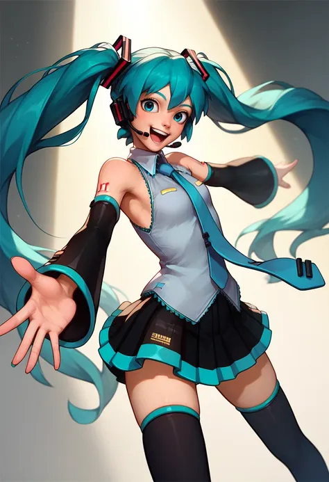 score_9, score_8_up, score_7_up, solo, 1girl, hatsune miku, happy, looking at viewer, outstretched arm, twintails, headset, sleeveless shirt, necktie, detached sleeves, black skirt, black thighhighs, spotlight <lora:style_tarakanovich_ponyXL:1>