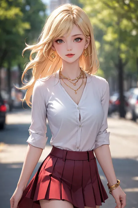 <lora:Again_Girl_A16:0.8>, 1girl, breasts, skirt, blurry, earrings, jewelry, blurry background, looking at viewer, shirt, solo, long hair, blonde hair, open clothes, pleated skirt, outdoors, cowboy shot,