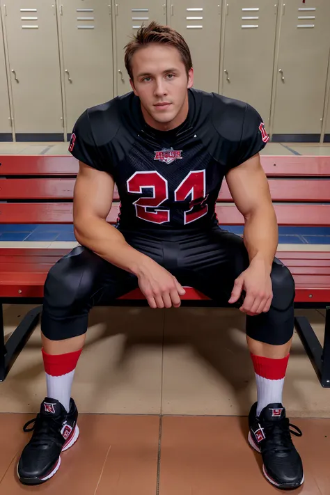 locker room, lockers in the background, sitting on a bench, slight smile, facial scruff, RyanRockford is an (American football player), wearing black (American football uniform) with red trim, black jersey, black football pants, red socks, sneakers, (((ful...