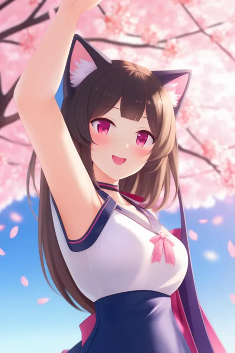 extremely aesthetic, best quality, newest, 1girl, solo, looking at viewer, blush, slight smile, cat ears, waving, armpits, cherry blossoms, depth of field,