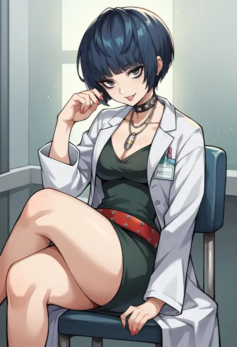 score_9, score_8_up, score_7_up, source_anime BREAK 1girl, solo,   <lora:zs_TakemiXL:1>takemip5, short hair, black hair, blue hair, labcoat, black dress, belt, choker, necklace, cleavage, high heels makeup, eyeliner, assertive female, smile, stool, infirma...