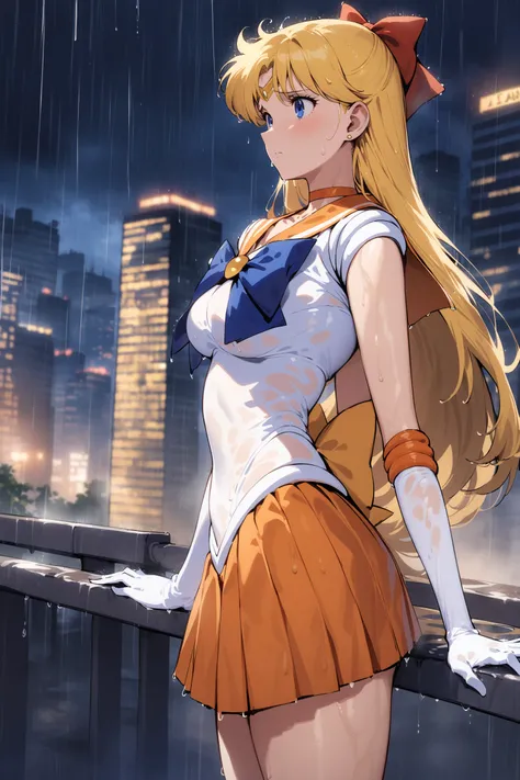 masterpiece, best quality, very aesthetic, absurdres, aavenus, long hair, blonde hair, hair bow, tiara, blue eyes, earrings, orange choker, collarbone, orange sailor collar, blue bowtie, white shirt, white leotard, elbow gloves, white gloves, pleated skirt...