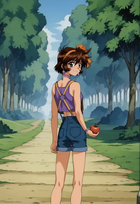 1girl, short hair, green eyes, ribbon, chocker, blue tank top, suspenders, bare shoulders, shorts, outdoors, holding apple, smile, from behind, turning around, looking at viewer, highway, forest <lora:Merril XL:1>, score_9, score_8_up, score_7_up, score_6_...