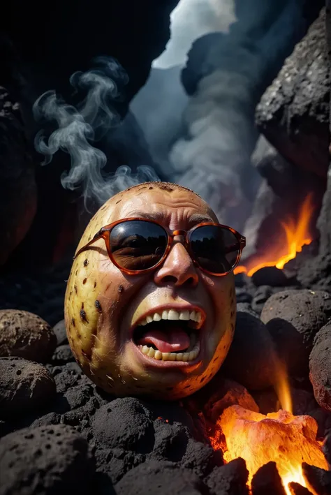 RAW Photography,scary screaming grilled potato, in a volcano, in lava, wearing sunglasses, nightmare, horror, traumatizing, deep psychological horror, thriller, soul piercing scary stare, ominous, dark presence, (sharpness in detail:1.1), Canon EOS 5D Mark...