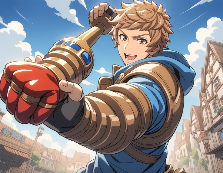 1boy,
gran (granblue fantasy), granblue fantasy,
casual wear,
smile,open mouth,
<lora:gourmetspicerXL1:0.7>,gourmetspicer,
cloud,blue sky,holding weapon,
weapon,upper body,clenched hand,incoming attack,arm cannon,fighting stance,
looking at viewer,
dutch a...