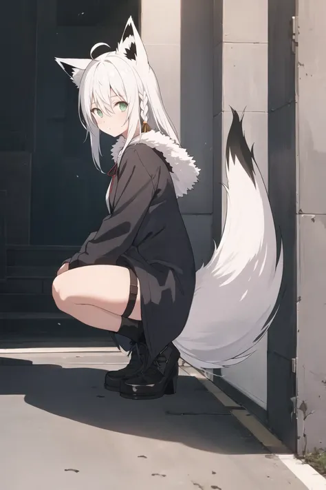 (masterpiece),best quality,from_side,Dark environment,Stand on one foot,Stand against the wall,One knee up,Lift one foot,Put foot against the opposite wall,1girl,shirakami fubuki,virtual youtuber,animal ears,fox ears,fox girl,white hair,fox tail,jacket,thi...