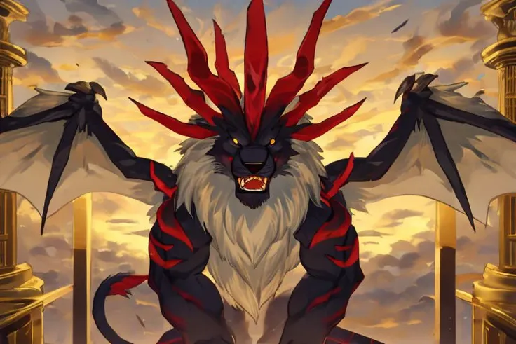 griever, solo, ((feral)), ((headshot)), (looking at viewer,) facing viewer, (red horns,) lion, arm blades, open mouth, sharp teeth, (yellow eyes,) white mane, red claws, tail, flying, fierce, ((wings,)) cloudy sky, sunset, ((gold pillars in the background,...