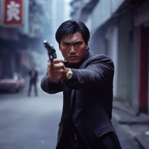 cinematic film still of  <lora:Hong Kong action cinema style:1>
 <lora:Kodak Motion Picture Film Style v4:0.3>
In the 1980s In Hong Kong China a man with blood on his face holding a black revolver,solo,black hair,1boy,holding,jewelry,weapon,male focus,hold...