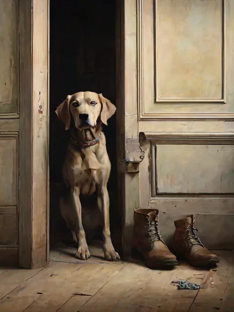 Realist oil painting of a loyal dog waiting by a weathered wooden door, with a meticulously detailed still life of the dogs collar and a well-worn pair of boots beside it, by Gustave Courbet and Jean-Baptiste-Siméon Chardin, cinematic composition, trending...