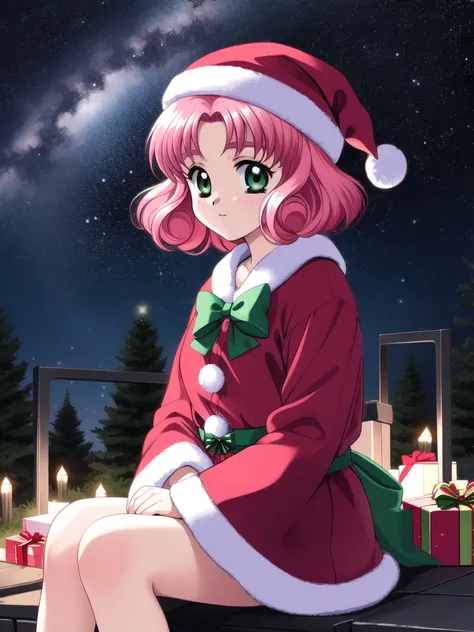 <lora:Minagawa_Nana:0.8>, MinagawaNana, 1girl, soro, pink hair, green eyes, hair bow, short hair, curly hair, outdoor, sky, school,
Christmas, SantaClaus, hat, night, starry sky, sitting,
masterpiece, high quality, very_high_resolution, large_filesize, ful...