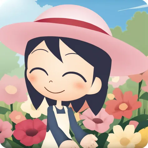 masterpiece, best quality, very aesthetic, absurdres, <lora:natsumi_animagine_v3.1:1> natsumi, 1girl, hat, black hair, sun hat, short hair, dress, black eyes, chibi, apron,  smile, closed eyes,^_^, on flower garden, closed mouth