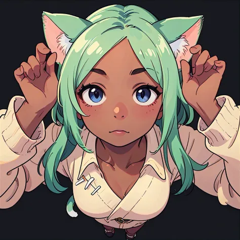 score_9, score_8_up, score_7_up, woman, face focus, cat ears, looking at viewer, dark skin, blue eyes, green hair, black background, simple background, detailed eyes, from above, official art <lora:FlatAnimePony:1>