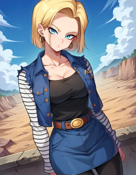 score_9, score_8_up, score_7_up, source_anime,
android18, <lora:android-18-ponyxl-lora-nochekaiser:1>,
android 18, blonde hair, blue eyes, eyelashes, hoop earrings, short hair, earrings,
belt, black legwear, black shirt, breast pocket, cleavage, collarbone...