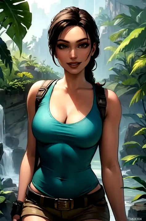 Lara Croft, teal tanktop, brown shorts, , cleavage, masterpiece, best quality, jungle, smile, braid, single braid,  straps, fingerless gloves, thigh holster, cliff, ruins