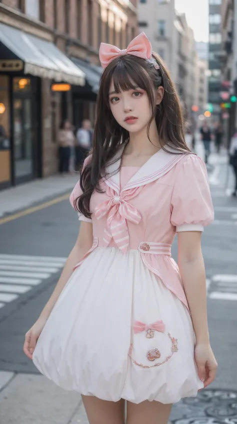 best quality,HDR,UHD,8K,Vivid Colors,solo,photo_,(1girl:1.3),(standing:1.3),(looking at viewer:1.4),Elegant,detailed gorgeous face,(cowboy shot:1.2),morning,(street background:1.2),black eye,long hair,<lora:Twinkle12:0.75>,bow,pink dress,short sleeves,sail...