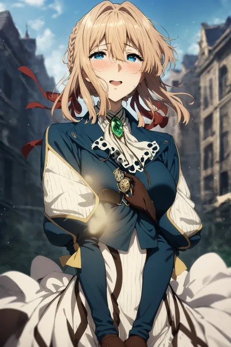 masterpiece, best quality, very aesthetic, absurdres, aave, braid, hair ribbon, red ribbon, jewelry, white ascot, brooch, blue jacket, long sleeves, brown gloves, white dress, long dress, violet evergarden, <lora:violet_evergarden_XL_v1(anima):0.9>, upper ...