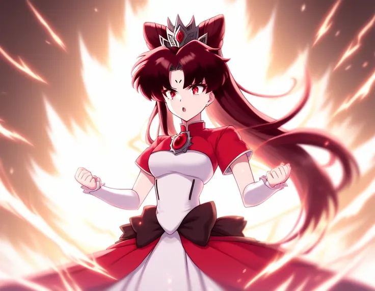 PoweringUp, wide view of Beautiful Gorgeous furious Rin Tohsaka powering up, roaring, transparent white flaming cloud aura surrounds