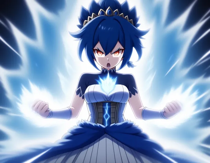 PoweringUp, wide view of Beautiful Gorgeous furious Juvia Lockser powering up, roaring, transparent white flaming cloud aura surrounds