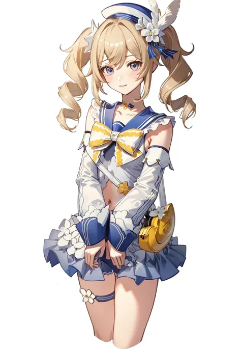 best quality,masterpiece,highres,solo,<lora:genshin_107_v1:1>,1girl, animal_bag, barbara_(genshin_impact), barbara_(summertime_sparkle)_(genshin_impact), blonde_hair, blue_headwear, blue_sailor_collar, blush, bow, choker, cropped_legs, detached_sleeves, du...