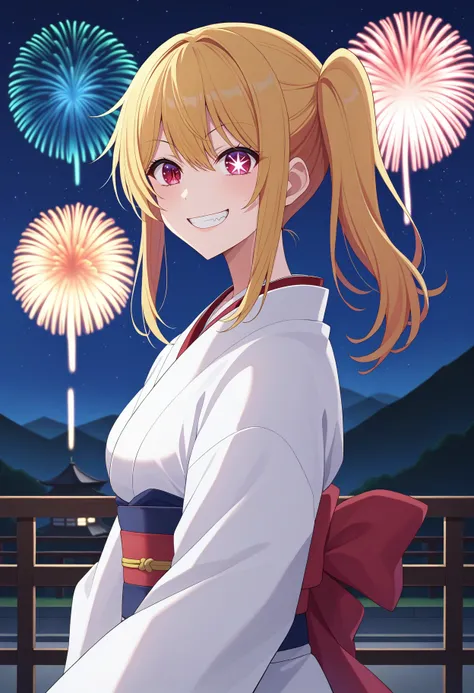 score_9, score_8_up, score_7_up, BREAK source_anime, 1girl, hoshino ruby, blonde hair, side ponytail, red eyes, mismatched pupils, star-shaped pupils, kimono, looking at viewer, grin, night, fireworks, hill, mountain <lora:brj-ruby-pony-v0.5:1>