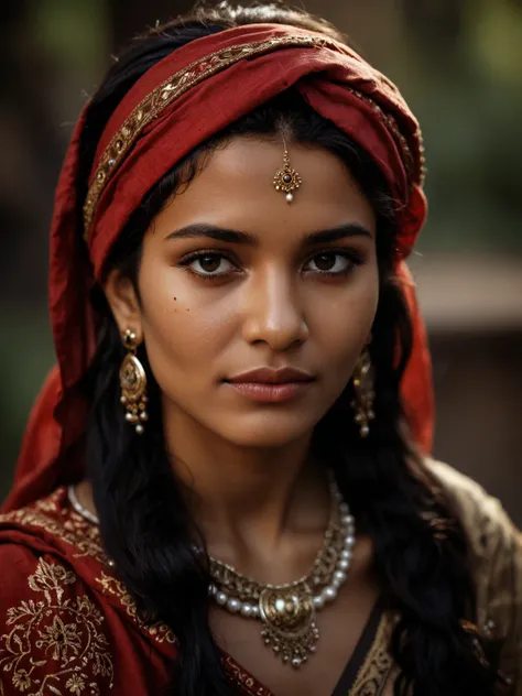 (((side view n scarfn golden medallion, perfect nails, emotional photo of (indian Romani) woman Deidre in rugged ornamental clothes, gypsy ornate headband, dark suntanned skin, long messy hair, (red scarf:1.1), native ethnic gold necklace, face, perfect te...