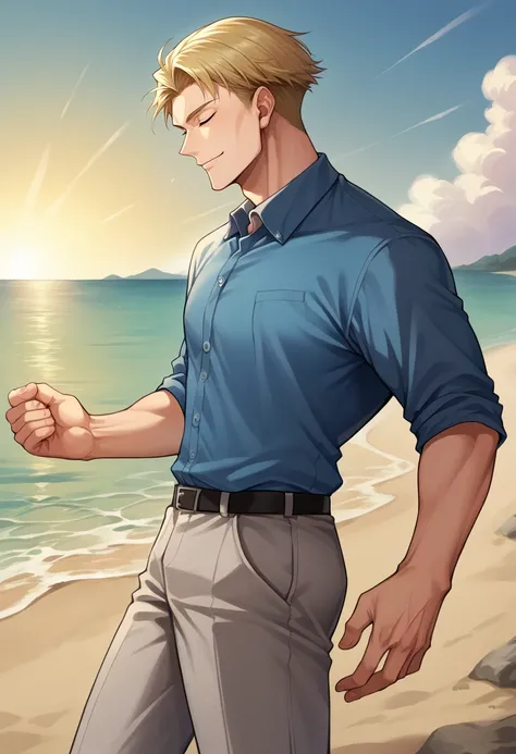 score_9, score_8_up, source_anime, 1boy, solo, NanamiBase, blonde hair, short hair, blue shirt, collared shirt, grey pants, outdoors, spread arms, standing, beach, smile, closed eyes, from side, muscular, <lora:ChamKentoNanamiPonyXL:1>