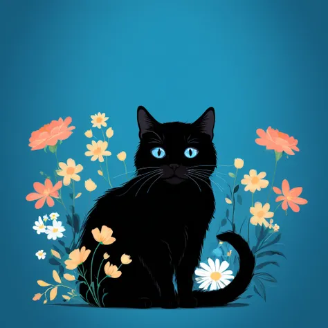 blue blackground whit a black cat whit flowers and briged,blue blackground whit a black cat whit flowers and briged